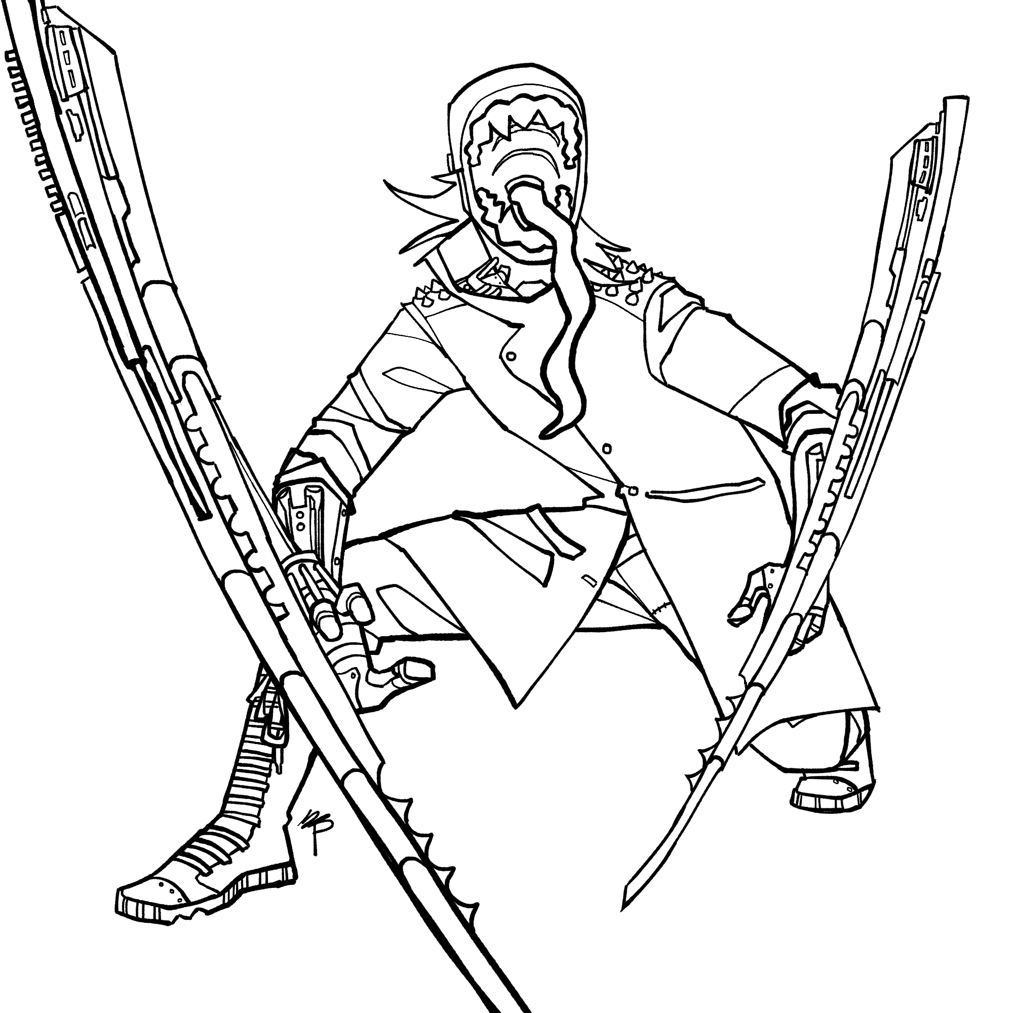 a friend's cyberpunk character crouching and reaching out with industrial style mantis blades. 
	  the art is in black and white.